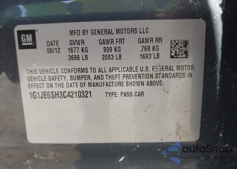 2012 Chevrolet Sonic 2Lz from USA, damaged, VIN 1G1JE6SH3C4210321